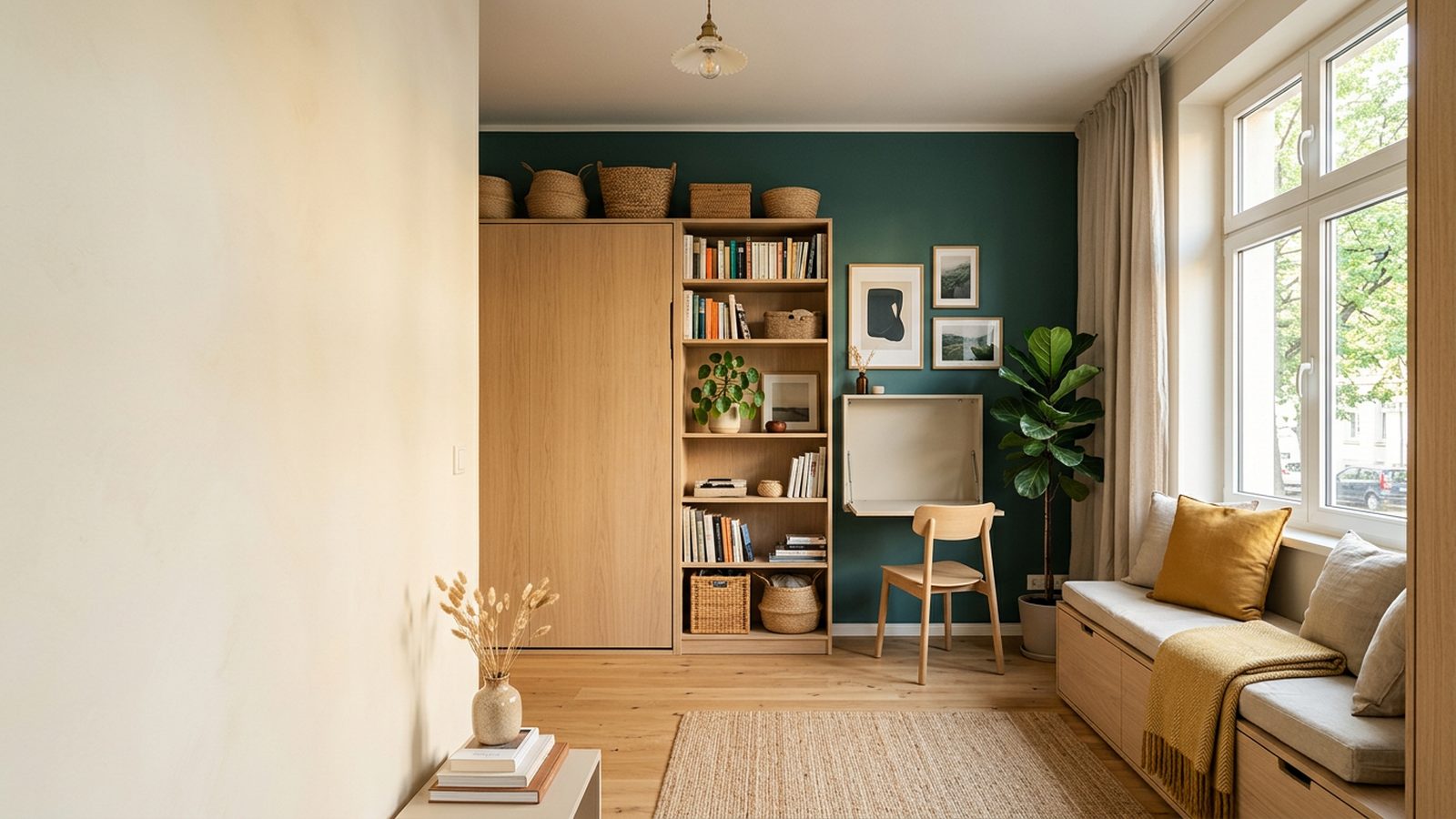 Kleine, aufgeräumte Wohnung mit Schrankbett, Klapptisch und Sitzbank mit Schubladen